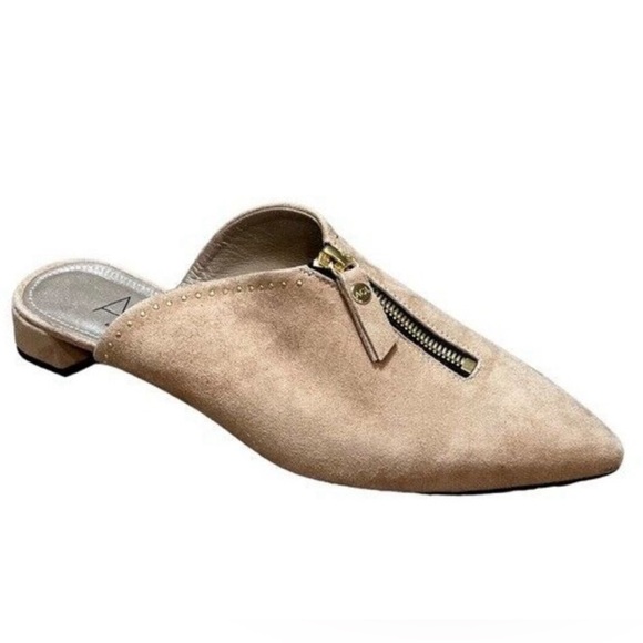 Agl Shoes - New AGL Microstudded Top Zip Suede Mule in Tan